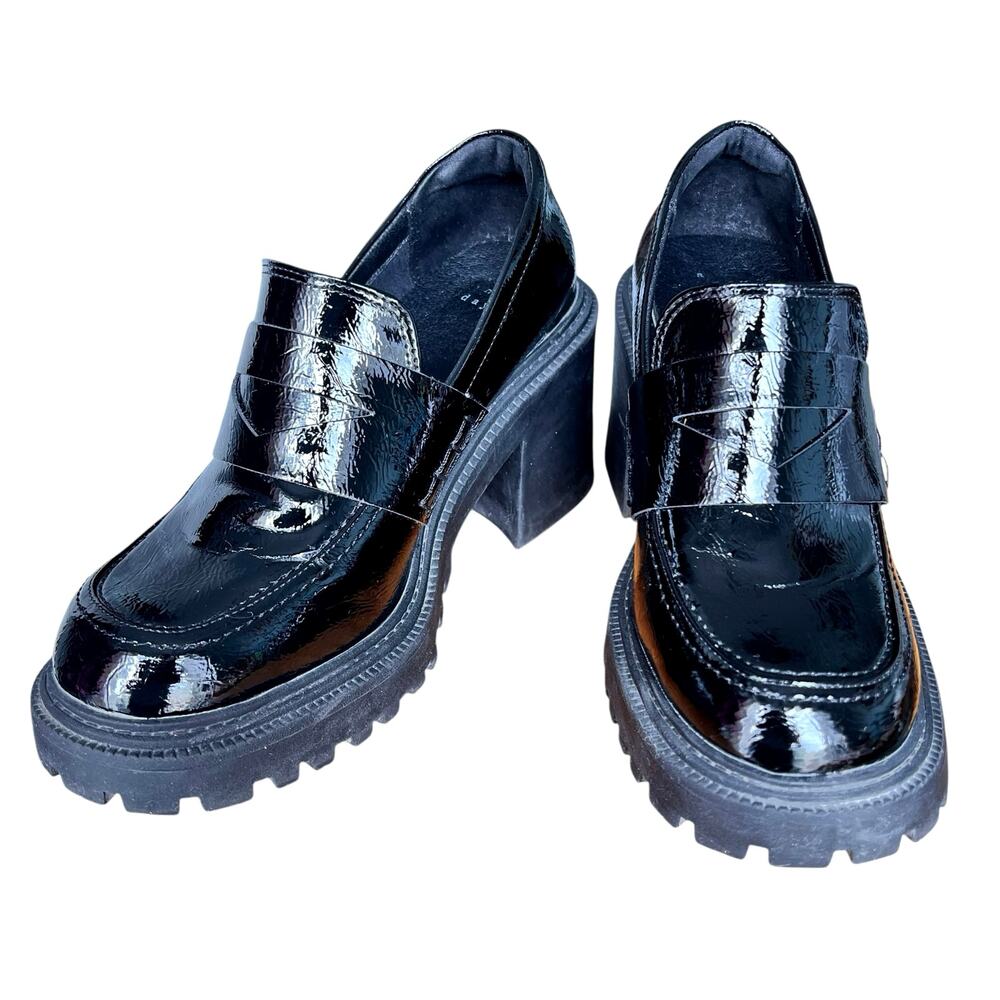 Womens Y2K Goth Chunky Loafers Sz 9 Black Patent Vegan Leather Lug Sole Platform